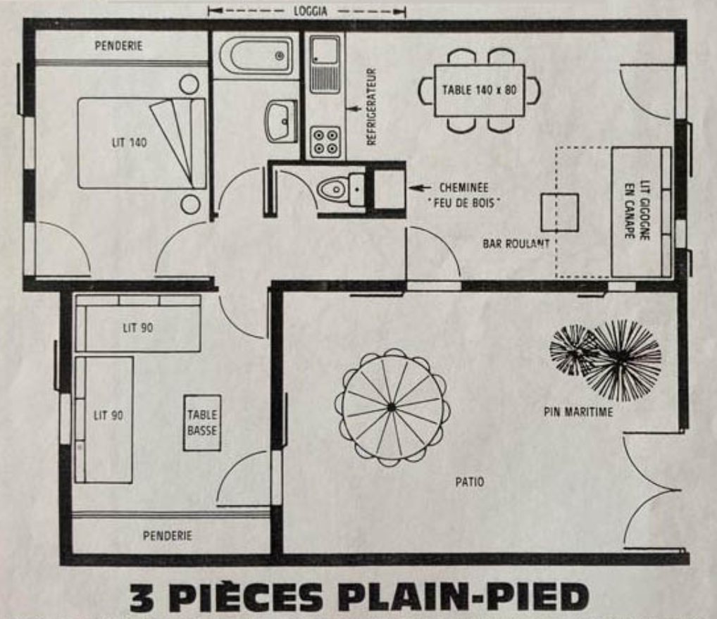 Plan ferme marine Type T3 sol, 3 pièces de plain pied